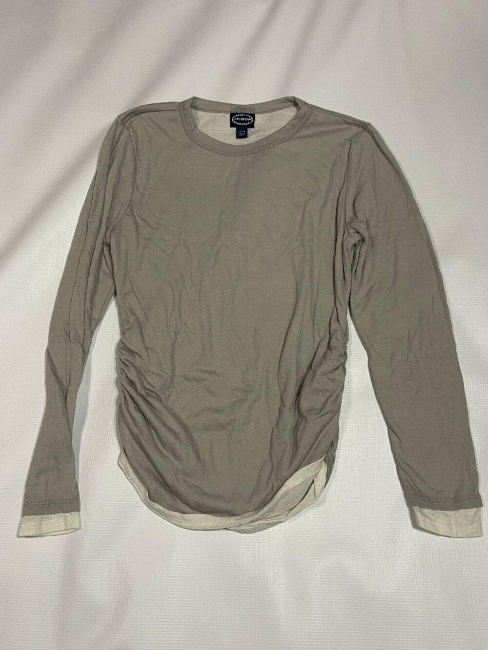 Scoop Long Sleeve Double Layer Maternity Shirt, Grey and White, Side Ruching, L